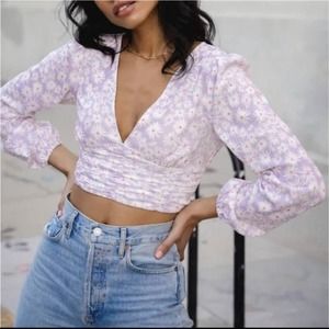 Elodie Chloe long puff sleeves crop top, lavender floral, size XL
